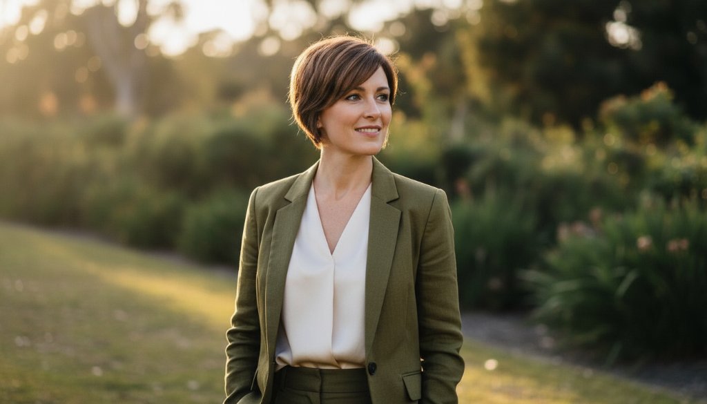 An impactful and authentic professional portrait in Warrandyte South, captured with stunning natural light, showing a confident individual against a blurred, serene bushland backdrop at golden hour.