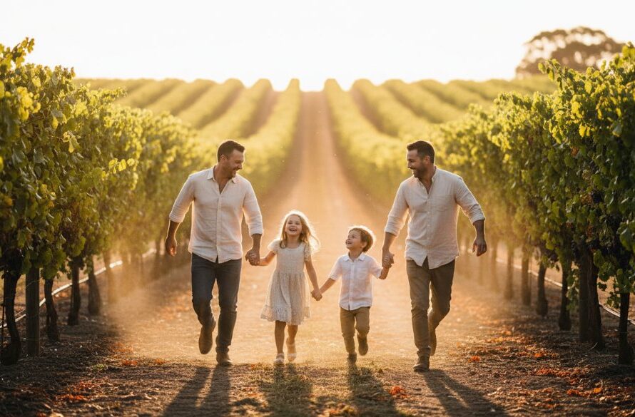 A heartwarming, cinematic image capturing authentic Red Cliffs candid family photography, showing a family laughing together at sunset near the Red Cliffs Bicentennial Park, with golden hour light illuminating their joyous expressions.