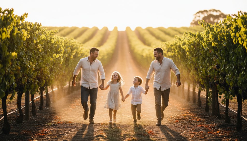 A heartwarming, cinematic image capturing authentic Red Cliffs candid family photography, showing a family laughing together at sunset near the Red Cliffs Bicentennial Park, with golden hour light illuminating their joyous expressions.