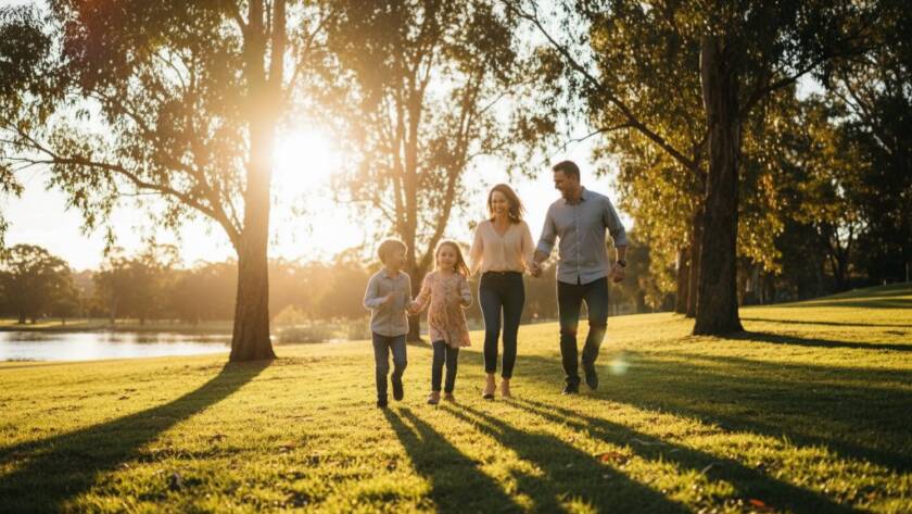 A heartwarming, professional photograph capturing an authentic Ringwood candid photography for family moments, showing a family laughing joyfully together on a golden lit autumn afternoon in Ringwood Lake Park, embodying genuine connection.