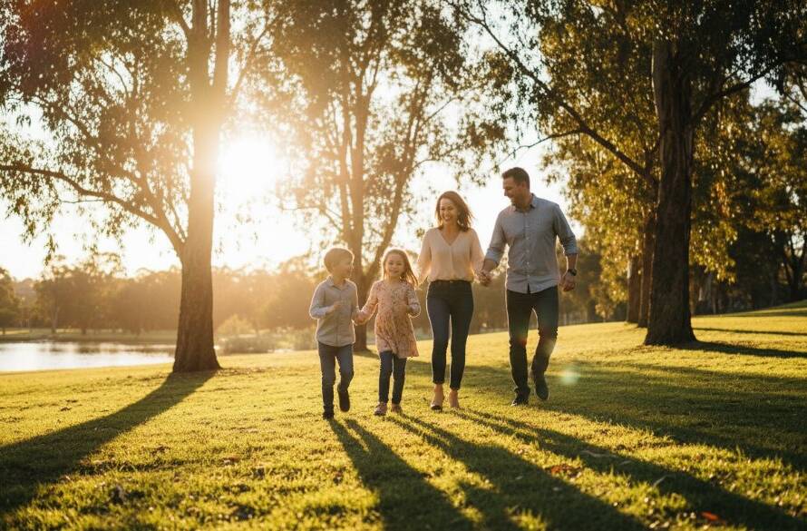 A heartwarming, professional photograph capturing an authentic Ringwood candid photography for family moments, showing a family laughing joyfully together on a golden lit autumn afternoon in Ringwood Lake Park, embodying genuine connection.