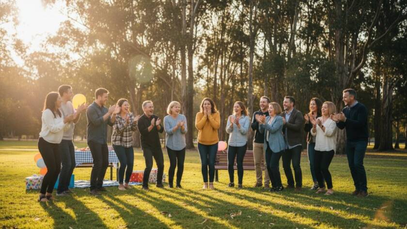 A wide-angle, candid photograph captured during a lively community festival in Ringwood East, Victoria, showing a joyous group laughing and interacting spontaneously, illuminated by golden hour light, embodying authentic Ringwood East event photography capturing genuine moments.