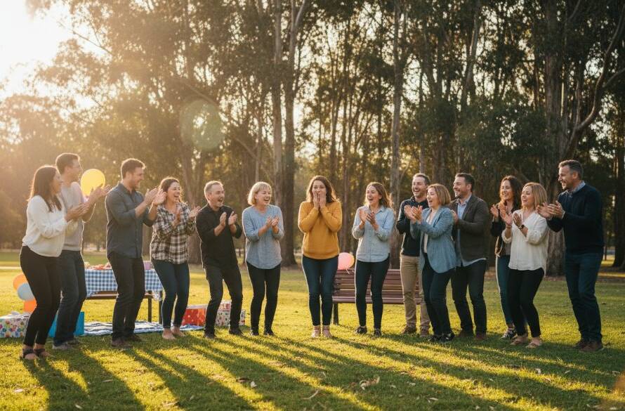 A wide-angle, candid photograph captured during a lively community festival in Ringwood East, Victoria, showing a joyous group laughing and interacting spontaneously, illuminated by golden hour light, embodying authentic Ringwood East event photography capturing genuine moments.