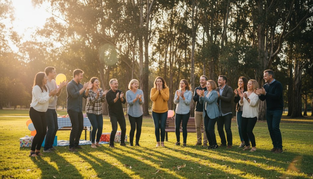 A wide-angle, candid photograph captured during a lively community festival in Ringwood East, Victoria, showing a joyous group laughing and interacting spontaneously, illuminated by golden hour light, embodying authentic Ringwood East event photography capturing genuine moments.