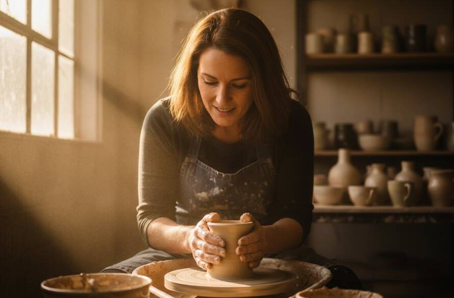 An inspiring shot for authentic Ringwood small business branding photography, featuring a passionate artisan crafting a bespoke product in a sun-drenched Ringwood studio, capturing a moment of intense focus and creative energy with dramatic lighting.