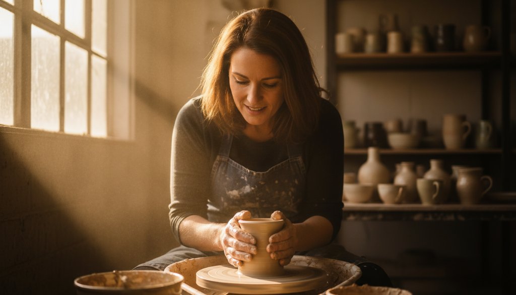 An inspiring shot for authentic Ringwood small business branding photography, featuring a passionate artisan crafting a bespoke product in a sun-drenched Ringwood studio, capturing a moment of intense focus and creative energy with dramatic lighting.