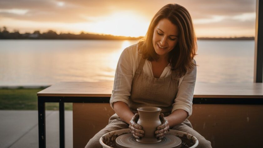 A professional photographer capturing an epic moment of a local artisan creating their craft against the scenic Rippleside waterfront, showcasing authentic Rippleside branding photography for local businesses with dramatic, golden hour lighting.