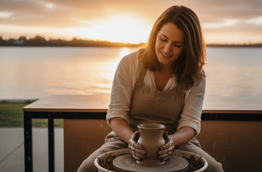 A professional photographer capturing an epic moment of a local artisan creating their craft against the scenic Rippleside waterfront, showcasing authentic Rippleside branding photography for local businesses with dramatic, golden hour lighting.