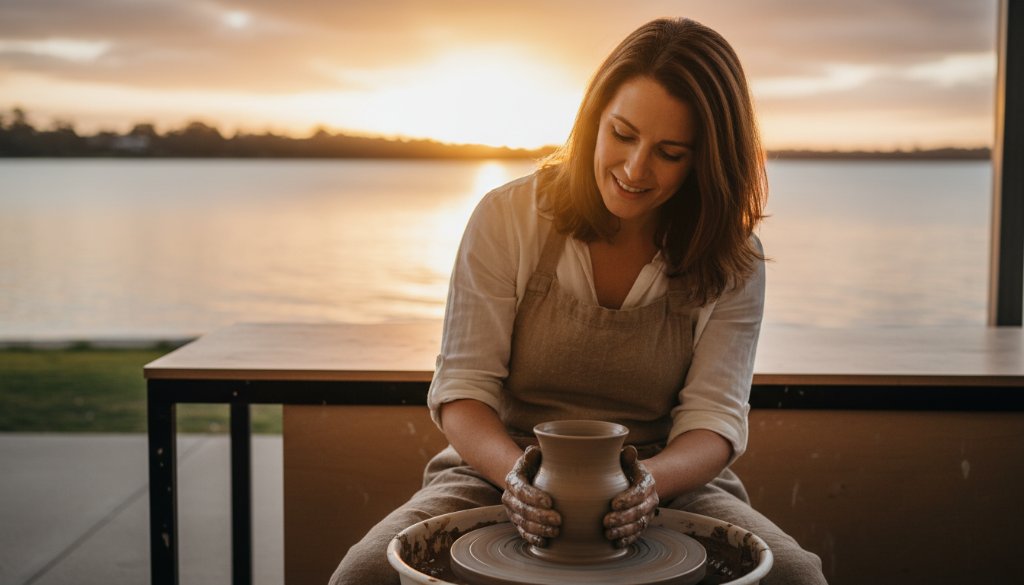 A professional photographer capturing an epic moment of a local artisan creating their craft against the scenic Rippleside waterfront, showcasing authentic Rippleside branding photography for local businesses with dramatic, golden hour lighting.