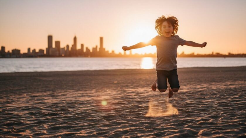 An 'epic moment' photograph capturing authentic Rippleside kids photography Geelong for joyful memories, featuring a child laughing joyfully while running through golden hour light at Rippleside Park, with Geelong's waterfront in the soft background.