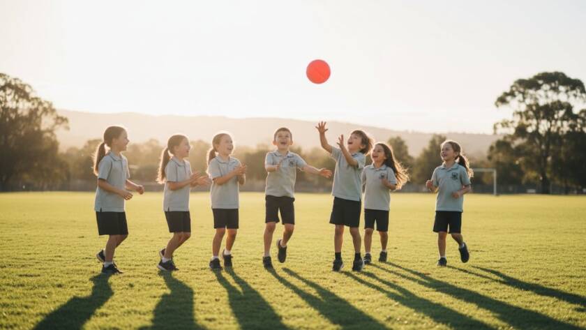 An authentic school day photography Rowville VIC image showing a group of diverse primary school students laughing joyfully together on a sun-drenched oval during recess, with vibrant green fields and distant Rowville hills, captured with dramatic, warm backlighting and a shallow depth of field, highlighting their genuine connection and happiness.