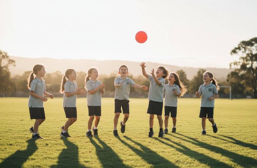 An authentic school day photography Rowville VIC image showing a group of diverse primary school students laughing joyfully together on a sun-drenched oval during recess, with vibrant green fields and distant Rowville hills, captured with dramatic, warm backlighting and a shallow depth of field, highlighting their genuine connection and happiness.