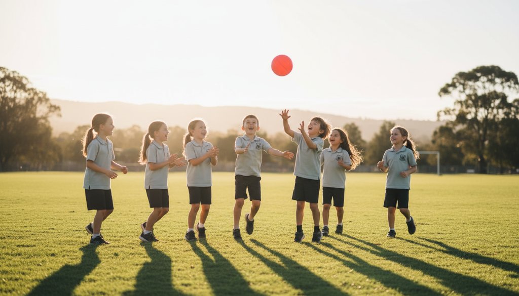 An authentic school day photography Rowville VIC image showing a group of diverse primary school students laughing joyfully together on a sun-drenched oval during recess, with vibrant green fields and distant Rowville hills, captured with dramatic, warm backlighting and a shallow depth of field, highlighting their genuine connection and happiness.