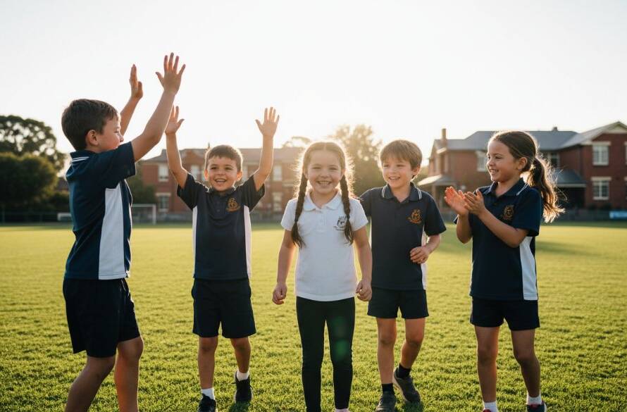 An emotional, cinematic photograph capturing authentic school memories in Blackburn North Victoria, showing a group of diverse primary school children laughing joyfully together on a sunny playground, with the iconic green spaces of Blackburn North in the soft background, golden hour light backlighting their faces, highlighting their genuine connection and happiness.