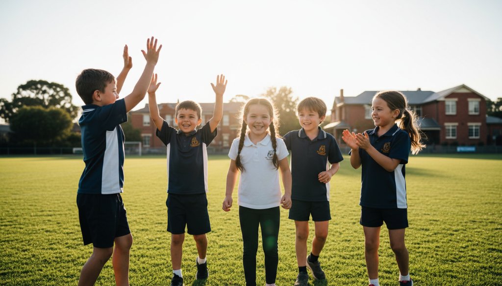 An emotional, cinematic photograph capturing authentic school memories in Blackburn North Victoria, showing a group of diverse primary school children laughing joyfully together on a sunny playground, with the iconic green spaces of Blackburn North in the soft background, golden hour light backlighting their faces, highlighting their genuine connection and happiness.