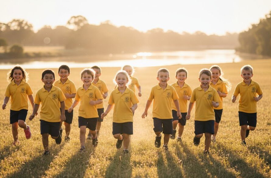 An epic, sun-drenched photograph capturing authentic school memories Swan Hill Victoria, showing a diverse group of primary school children laughing joyfully on the banks of the Murray River at sunset, with a golden glow illuminating their faces.