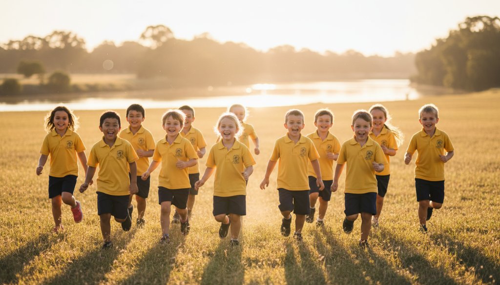 An epic, sun-drenched photograph capturing authentic school memories Swan Hill Victoria, showing a diverse group of primary school children laughing joyfully on the banks of the Murray River at sunset, with a golden glow illuminating their faces.