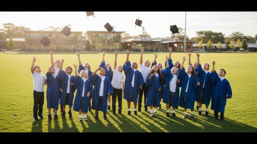 A vibrant and joyful scene of children laughing and playing during an outdoor school event in Doncaster, capturing an authentic school photo experience, with soft, golden hour lighting and a feeling of community.