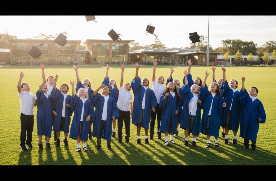 A vibrant and joyful scene of children laughing and playing during an outdoor school event in Doncaster, capturing an authentic school photo experience, with soft, golden hour lighting and a feeling of community.