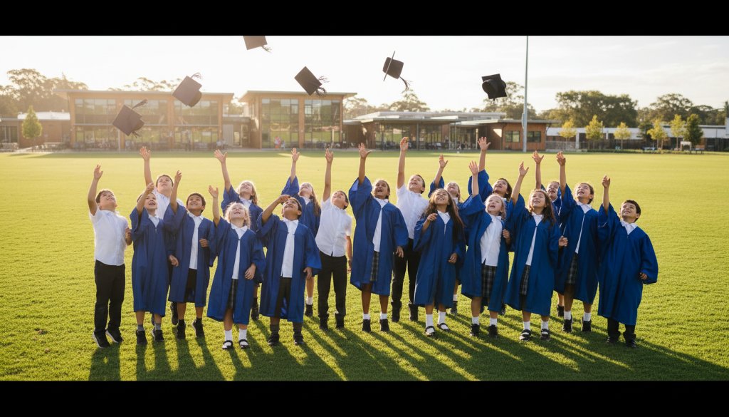 A vibrant and joyful scene of children laughing and playing during an outdoor school event in Doncaster, capturing an authentic school photo experience, with soft, golden hour lighting and a feeling of community.
