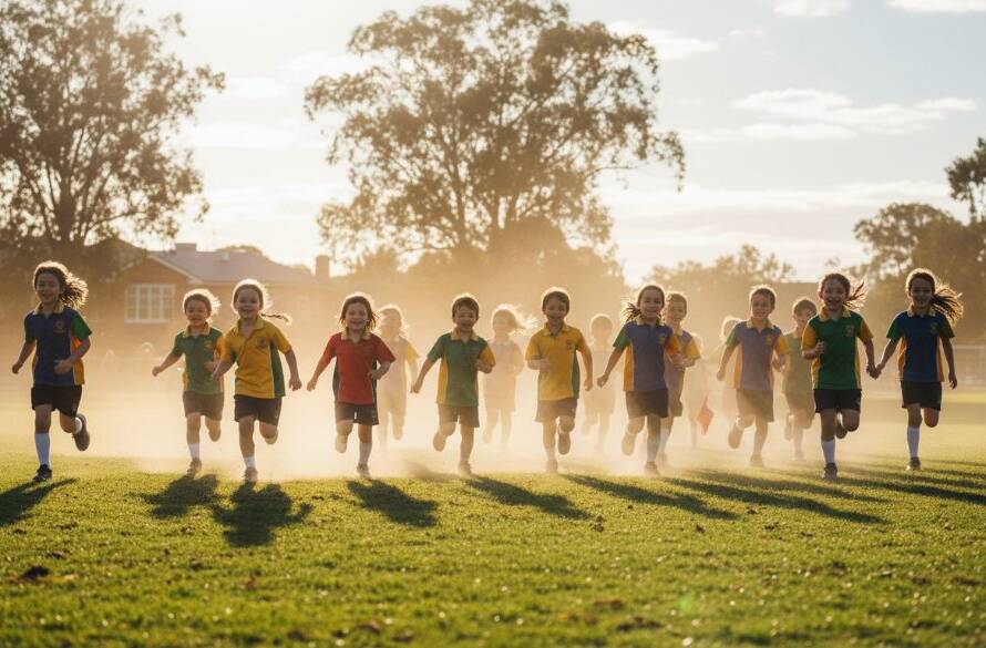 An authentic school photography Beaconsfield Victoria moment capturing a group of primary school children laughing joyfully on the lush oval of a Beaconsfield school, late afternoon sun backlighting their faces with a golden glow, showcasing genuine connection and happiness.