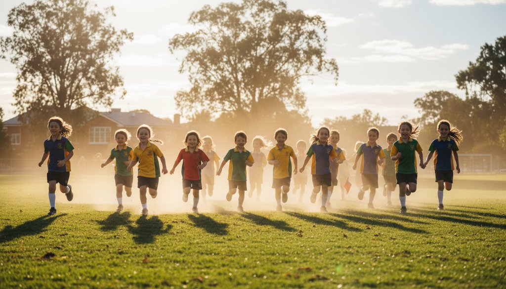An authentic school photography Beaconsfield Victoria moment capturing a group of primary school children laughing joyfully on the lush oval of a Beaconsfield school, late afternoon sun backlighting their faces with a golden glow, showcasing genuine connection and happiness.