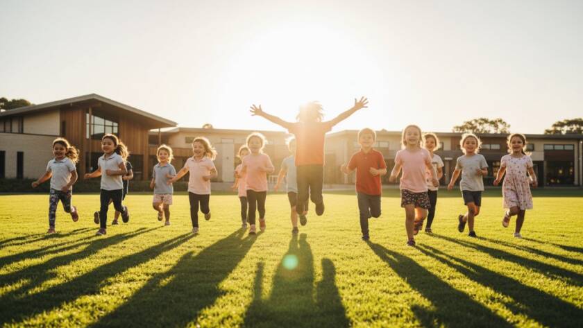 A wide-angle, vibrant, and energetic group shot of happy primary school children laughing and running on a sunny oval in Bentleigh East, with modern school buildings in the background, captured during an authentic school photography Bentleigh East Victoria session. Professional lighting and cinematic colour grading enhance the genuine joy of the moment.