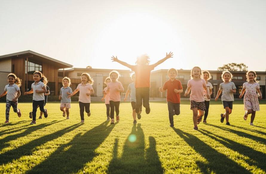 A wide-angle, vibrant, and energetic group shot of happy primary school children laughing and running on a sunny oval in Bentleigh East, with modern school buildings in the background, captured during an authentic school photography Bentleigh East Victoria session. Professional lighting and cinematic colour grading enhance the genuine joy of the moment.
