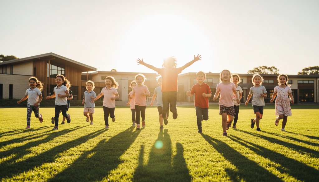 A wide-angle, vibrant, and energetic group shot of happy primary school children laughing and running on a sunny oval in Bentleigh East, with modern school buildings in the background, captured during an authentic school photography Bentleigh East Victoria session. Professional lighting and cinematic colour grading enhance the genuine joy of the moment.
