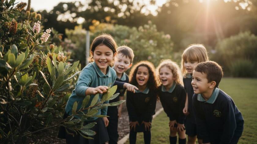 An epic moment of genuine laughter among primary school students playing in the sun-drenched playground of a Blackburn North school, expertly captured by authentic school photography Blackburn North capturing student joy, with warm, cinematic lighting highlighting their joyful expressions and dynamic movement.