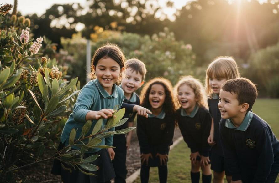 An epic moment of genuine laughter among primary school students playing in the sun-drenched playground of a Blackburn North school, expertly captured by authentic school photography Blackburn North capturing student joy, with warm, cinematic lighting highlighting their joyful expressions and dynamic movement.