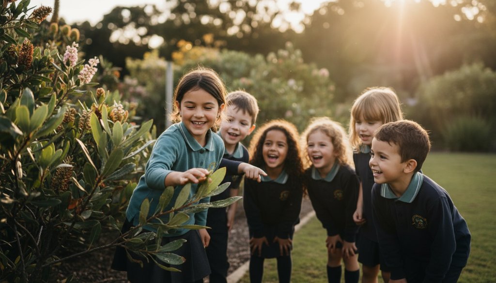 An epic moment of genuine laughter among primary school students playing in the sun-drenched playground of a Blackburn North school, expertly captured by authentic school photography Blackburn North capturing student joy, with warm, cinematic lighting highlighting their joyful expressions and dynamic movement.