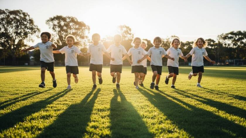 A vibrant, low-angle shot of a group of diverse primary school children in Box Hill North, joyfully running towards the camera on a sunny school oval, with genuine smiles, captured by authentic school photography Box Hill North capturing joy, dramatic lighting highlights their movement.