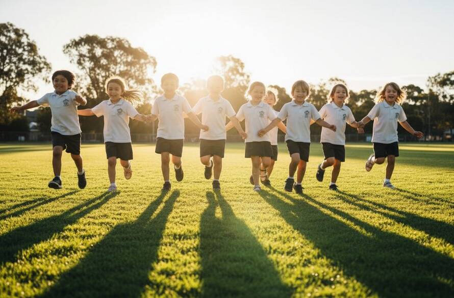 A vibrant, low-angle shot of a group of diverse primary school children in Box Hill North, joyfully running towards the camera on a sunny school oval, with genuine smiles, captured by authentic school photography Box Hill North capturing joy, dramatic lighting highlights their movement.
