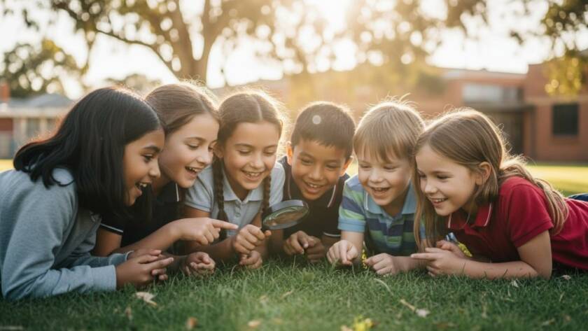 A vibrant, professionally colour-graded photograph capturing an authentic, joyous candid moment of students laughing and interacting during a school event in Box Hill South, Victoria, showcasing professional school photography Box Hill South candid moments expertise under soft, golden hour lighting.