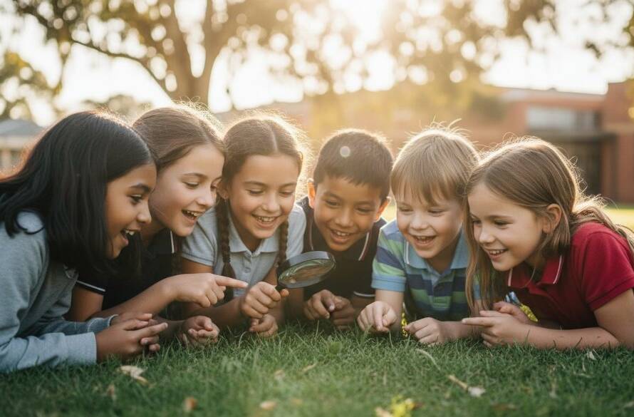 A vibrant, professionally colour-graded photograph capturing an authentic, joyous candid moment of students laughing and interacting during a school event in Box Hill South, Victoria, showcasing professional school photography Box Hill South candid moments expertise under soft, golden hour lighting.