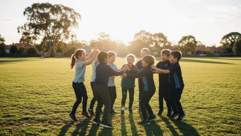 An authentic school photography Bulleen Victoria moment: a group of diverse primary school children erupting in laughter on a sunny Bulleen oval, their faces beaming with unbridled joy, framed by dramatic golden hour light, capturing a truly epic and candid interaction.