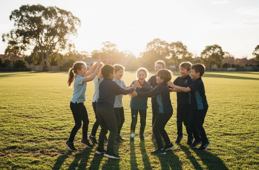 An authentic school photography Bulleen Victoria moment: a group of diverse primary school children erupting in laughter on a sunny Bulleen oval, their faces beaming with unbridled joy, framed by dramatic golden hour light, capturing a truly epic and candid interaction.