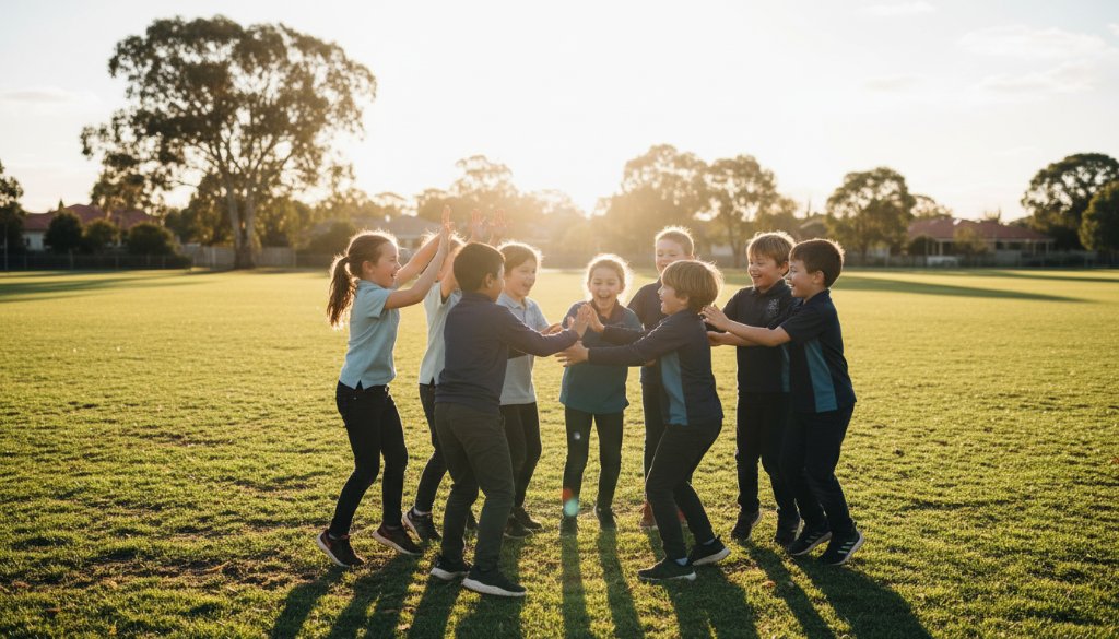 An authentic school photography Bulleen Victoria moment: a group of diverse primary school children erupting in laughter on a sunny Bulleen oval, their faces beaming with unbridled joy, framed by dramatic golden hour light, capturing a truly epic and candid interaction.