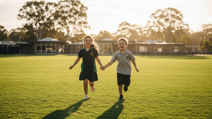 Authentic school photography Burwood East Victoria capturing an epic moment of two primary school children laughing joyfully while running through a sun-drenched oval on a beautiful afternoon, with the school building subtly blurred in the background, professional cinematic lighting.