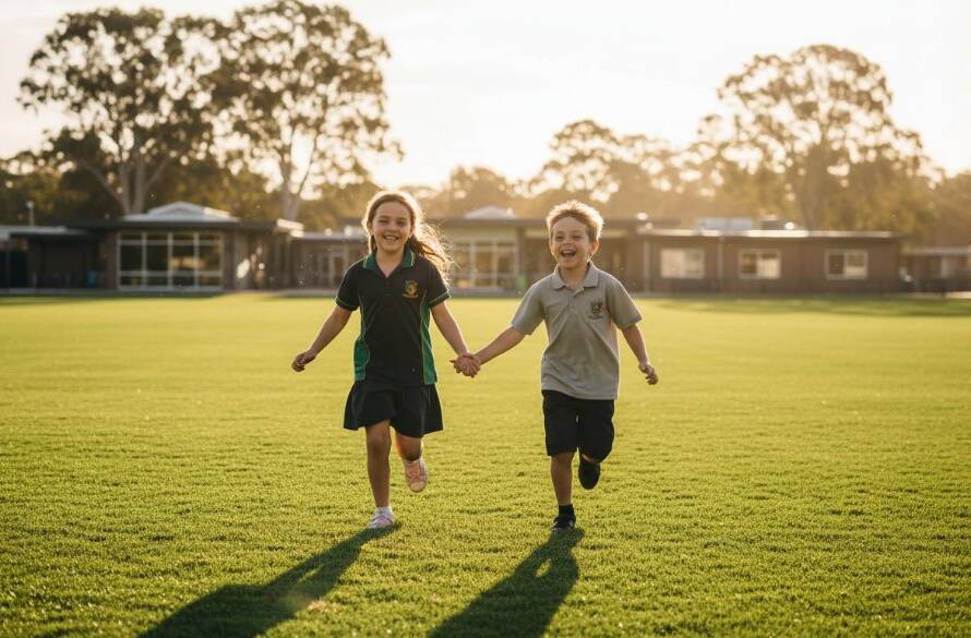 Authentic school photography Burwood East Victoria capturing an epic moment of two primary school children laughing joyfully while running through a sun-drenched oval on a beautiful afternoon, with the school building subtly blurred in the background, professional cinematic lighting.