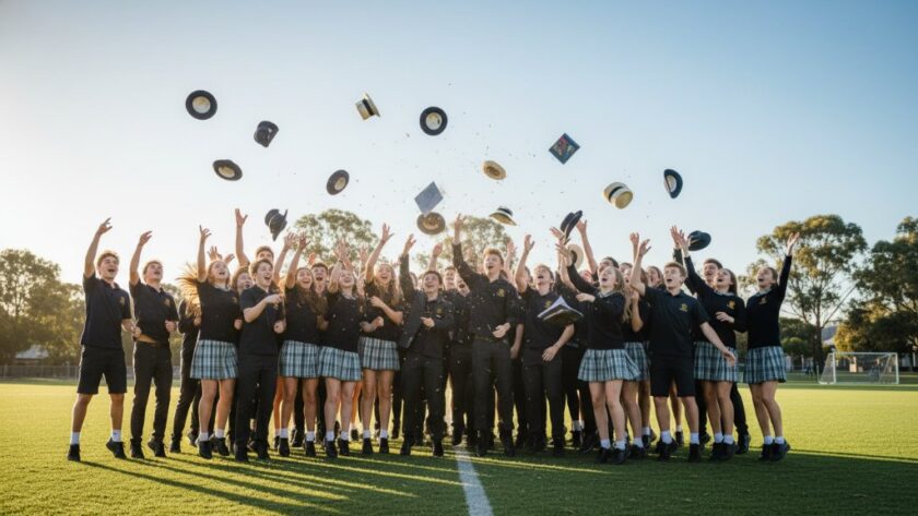 A vibrant, wide-angle shot capturing the sheer joy of students celebrating their final school day with friends outside a modern school building in Churchill, Victoria, bathed in golden hour light. The authentic school photography Churchill Victoria moment showcases genuine laughter and camaraderie, professionally color-graded and dramatically lit.