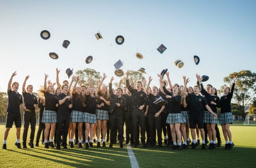 A vibrant, wide-angle shot capturing the sheer joy of students celebrating their final school day with friends outside a modern school building in Churchill, Victoria, bathed in golden hour light. The authentic school photography Churchill Victoria moment showcases genuine laughter and camaraderie, professionally color-graded and dramatically lit.
