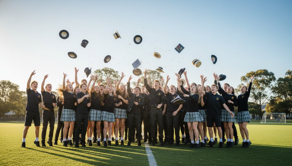 A vibrant, wide-angle shot capturing the sheer joy of students celebrating their final school day with friends outside a modern school building in Churchill, Victoria, bathed in golden hour light. The authentic school photography Churchill Victoria moment showcases genuine laughter and camaraderie, professionally color-graded and dramatically lit.