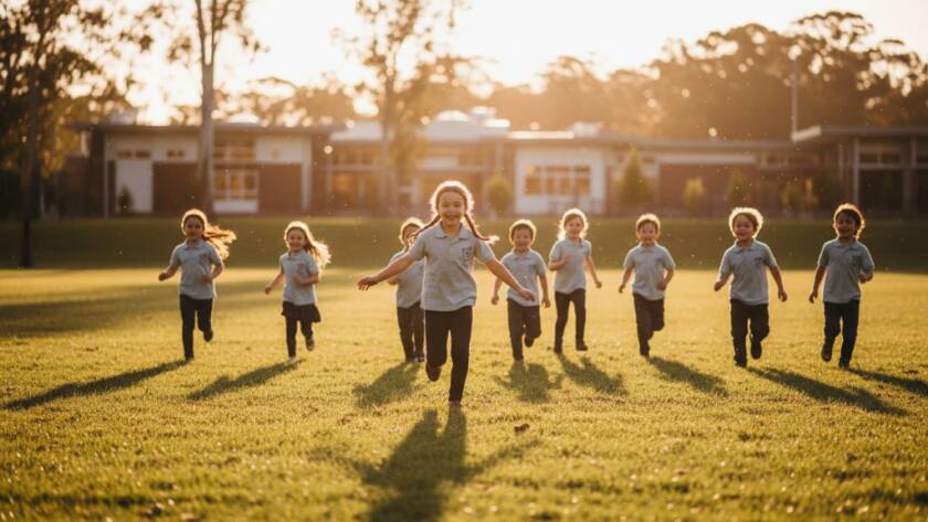 Dramatic wide shot capturing authentic school photography Croydon Hills capturing student joy, showing a group of diverse primary school children laughing and running playfully through a sun-dappled field near a school in Croydon Hills, Victoria, with dynamic golden hour light creating lens flare, highlighting their genuine expressions and movement.