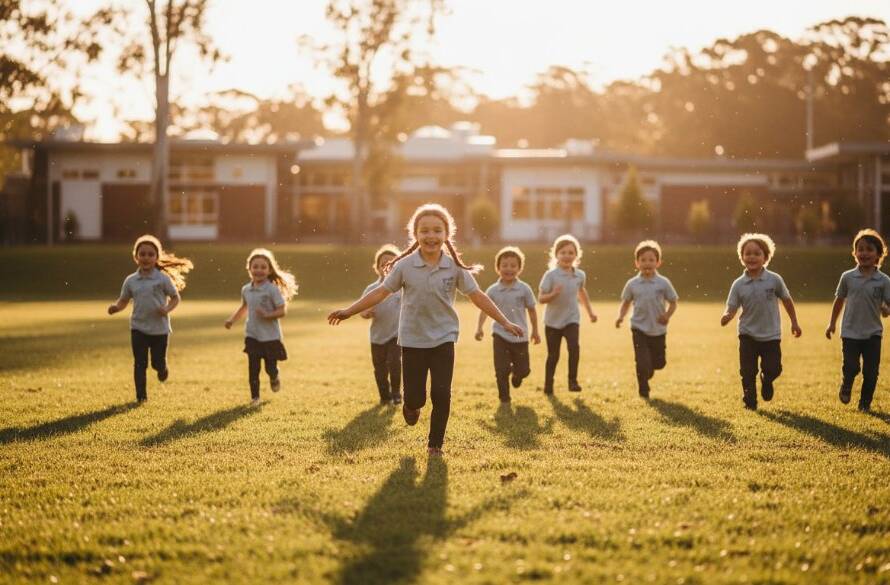 Dramatic wide shot capturing authentic school photography Croydon Hills capturing student joy, showing a group of diverse primary school children laughing and running playfully through a sun-dappled field near a school in Croydon Hills, Victoria, with dynamic golden hour light creating lens flare, highlighting their genuine expressions and movement.