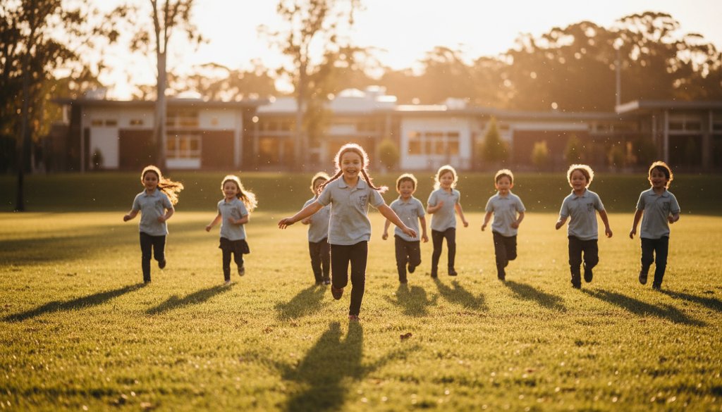 Dramatic wide shot capturing authentic school photography Croydon Hills capturing student joy, showing a group of diverse primary school children laughing and running playfully through a sun-dappled field near a school in Croydon Hills, Victoria, with dynamic golden hour light creating lens flare, highlighting their genuine expressions and movement.