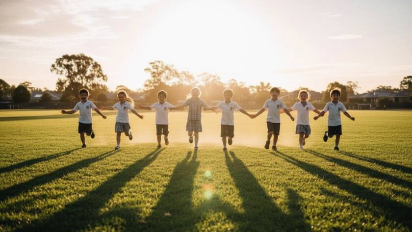 A vibrant, candid shot capturing the joyous, authentic school photography Croydon South Victoria spirit, with primary school children laughing and playing under a sunny sky near the local sports oval, showcasing genuine smiles and community warmth.