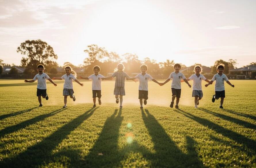 A vibrant, candid shot capturing the joyous, authentic school photography Croydon South Victoria spirit, with primary school children laughing and playing under a sunny sky near the local sports oval, showcasing genuine smiles and community warmth.