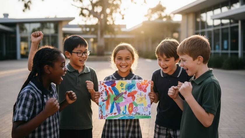 An authentic school photography Doncaster East moment showing a group of diverse primary school children laughing joyfully together on a sunny day in the school playground, captured with dynamic lighting and vibrant colours, reflecting genuine camaraderie and happiness.